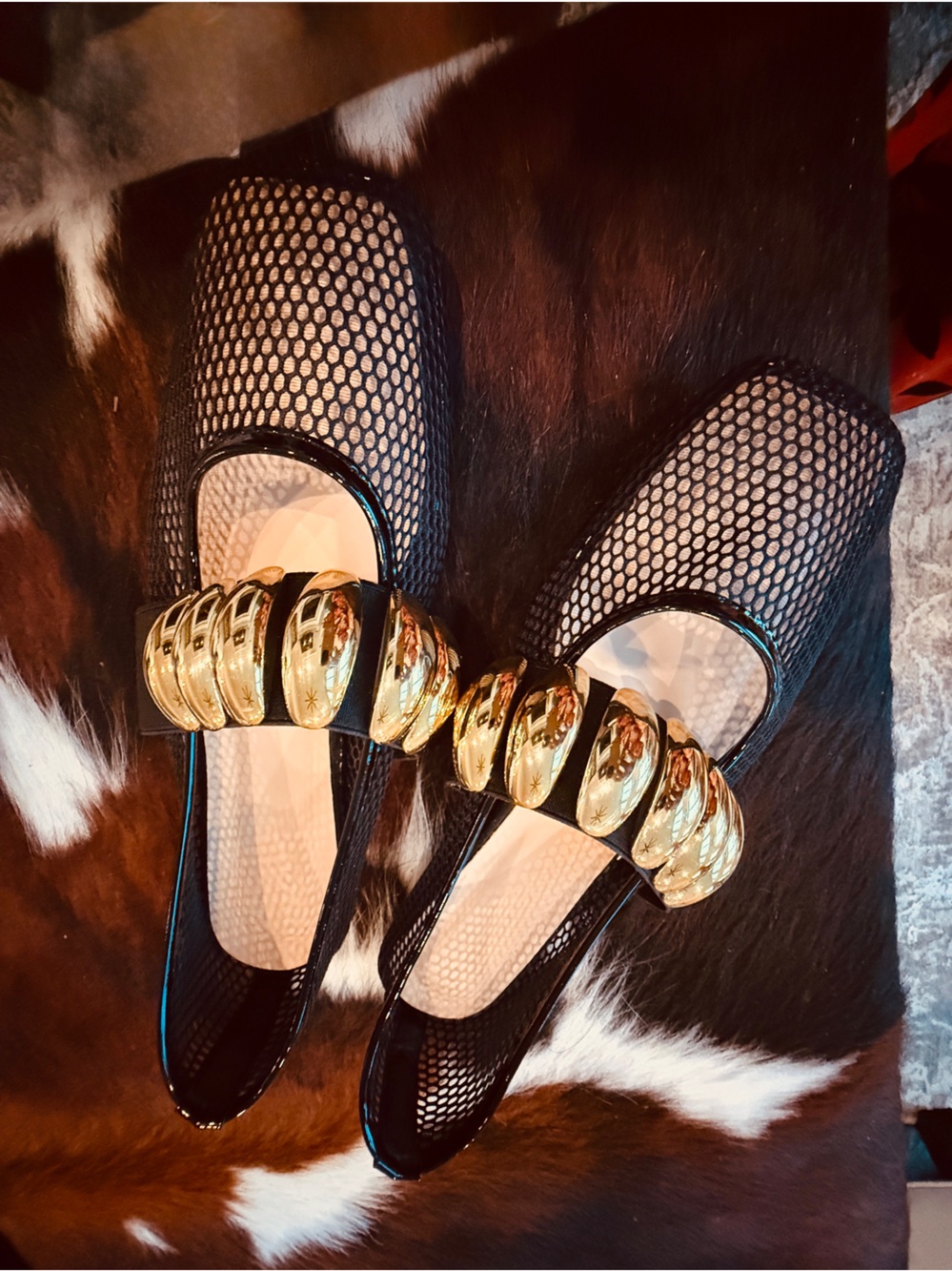 BLACK MESH BALLET FLAT - GOLD METAL BAND - SZ 9.5/41 NEW - Picture 7 of 8